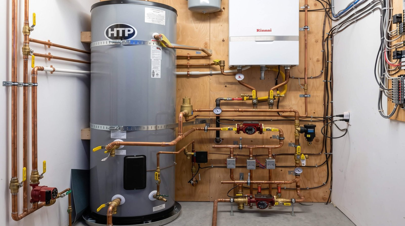 Dual boilers with circulator pumps and hydronic piping